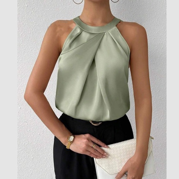 Luxe green pleated satin blouse